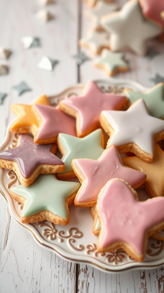 Decorated cookies with colorful glaze on a plate, set on a rustic wooden table.